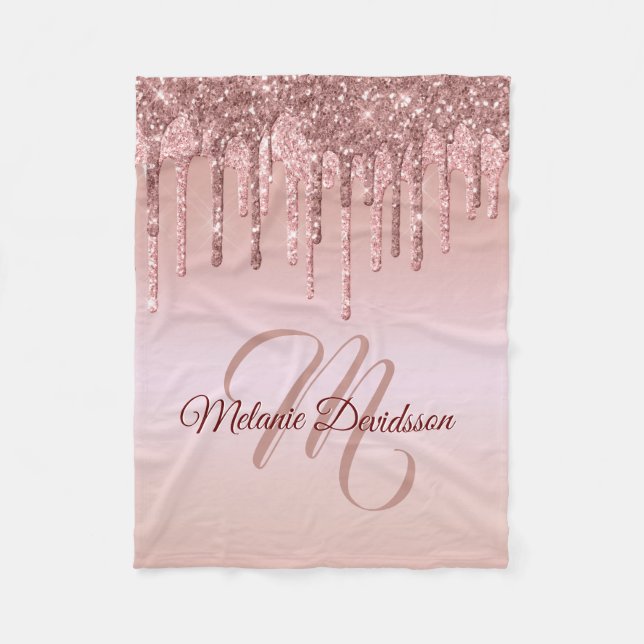 Modern Dripping Rose Gold Personalized Name Fleece Blanket (Front)