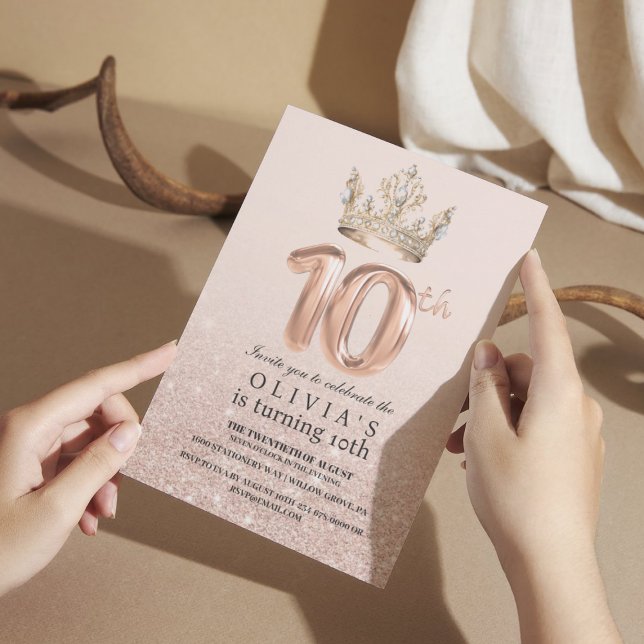 Modern Drips Rose Gold Crown 10th Birthday Party Invitation (Creator Uploaded)