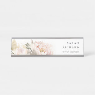 Modern Dusky Blush Peony Watercolor Floral Bunch Desk Name Plate