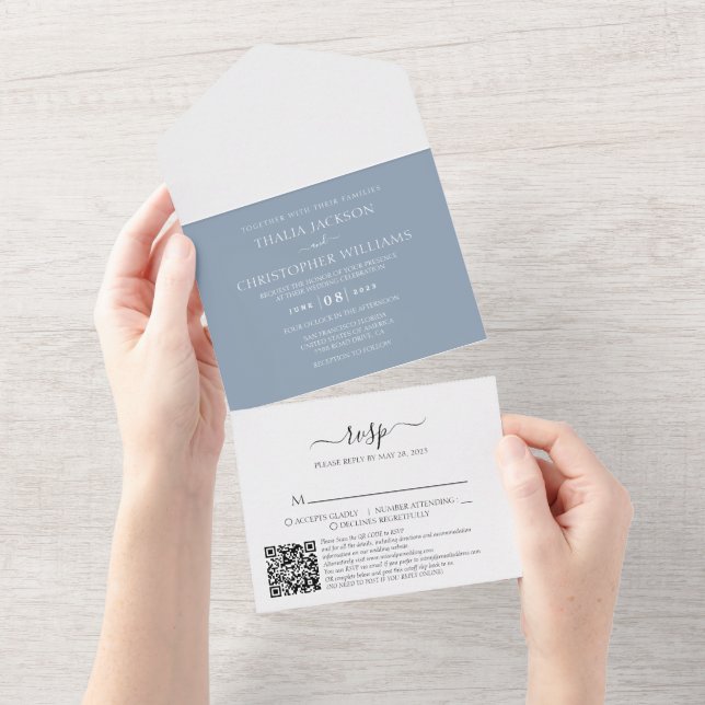Modern Dusty Blue 2 Photo QR Code RSVP Wedding All In One Invitation (Tearaway)