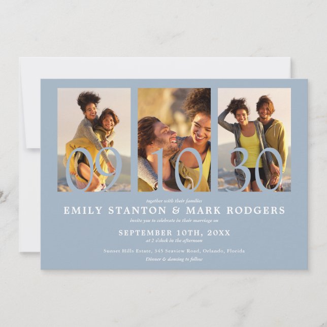 Modern Dusty Blue 3 Photo Collage Wedding Invitation (Front)