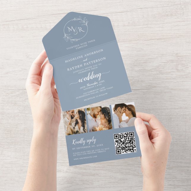 Modern Dusty Blue 3 Photo Floral Wreath Wedding All In One Invitation (Tearaway)