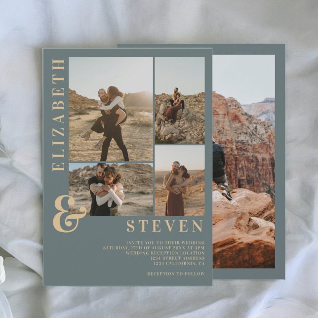 Modern dusty blue ampersand 5 photo grid wedding invitation (Modern dusty blue ampersand 5 photo grid wedding invitation)