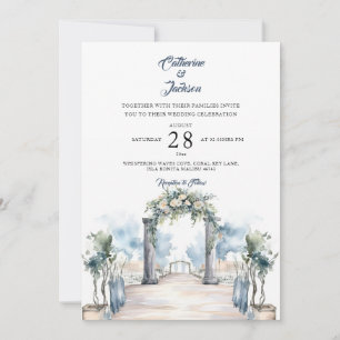 Modern Dusty Blue and Aqua Beach Wedding Invitation