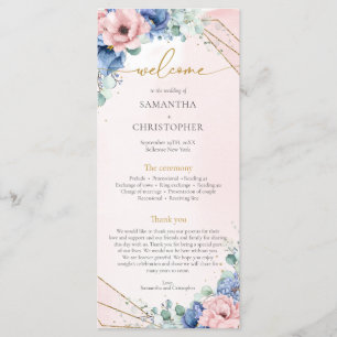 Modern dusty blue and rose gold flowers wedding program