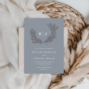Modern Dusty Blue and White Monogram Wedding Invitation