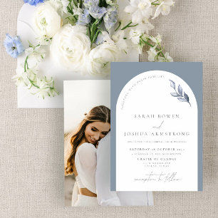 Modern Dusty Blue Arch Botanical Photo Wedding Inv Invitation