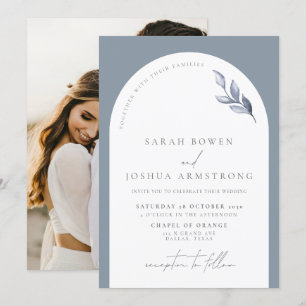Modern Dusty Blue Arch Botanical Photo Wedding Invitation