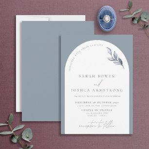 Modern Dusty Blue Arch Botanical Script Wedding In Invitation