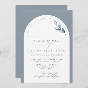 Modern Dusty Blue Arch Botanical Script Wedding Invitation
