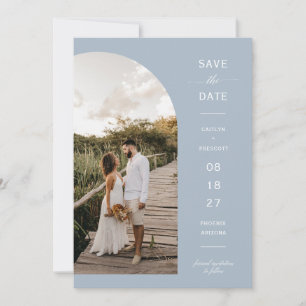 Modern Dusty Blue Arch Photo QR Code Save the Date Invitation