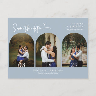 Modern Dusty Blue Arch Photo QR Code Save the Date Postcard