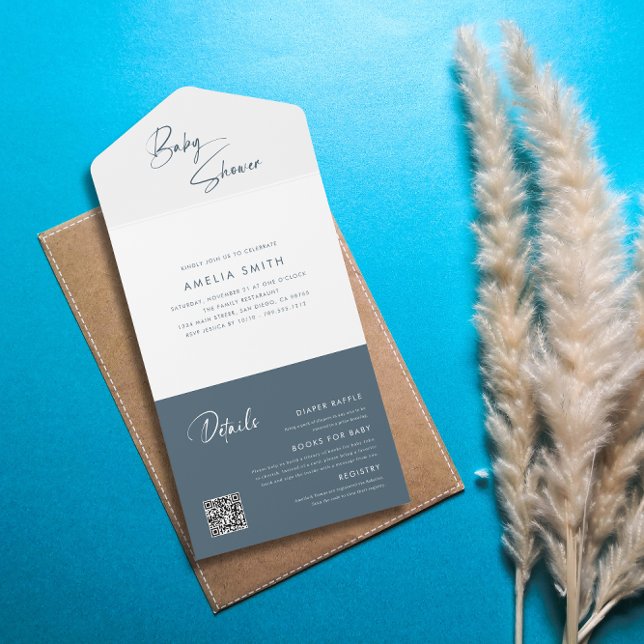 Modern Dusty Blue Baby Shower Minimalist  All In One Invitation (Creator Uploaded)