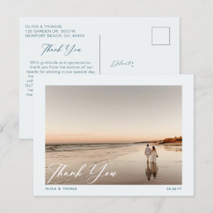 Modern Dusty Blue Beach Wedding Photo Thank You Postcard