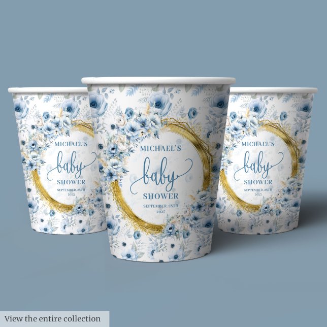 Modern dusty blue boho watercolor flowers gold  paper cups (Modern dusty blue boho watercolor flowers gold Paper Cups)