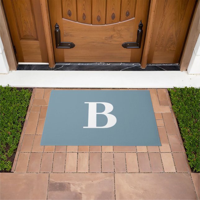 Modern Dusty Blue Bold Monogram Letter Doormat (Outdoor)