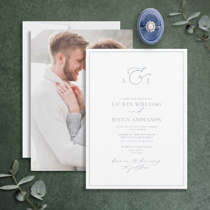 Modern Dusty Blue Calligraphy Monogram Photo Invitation
