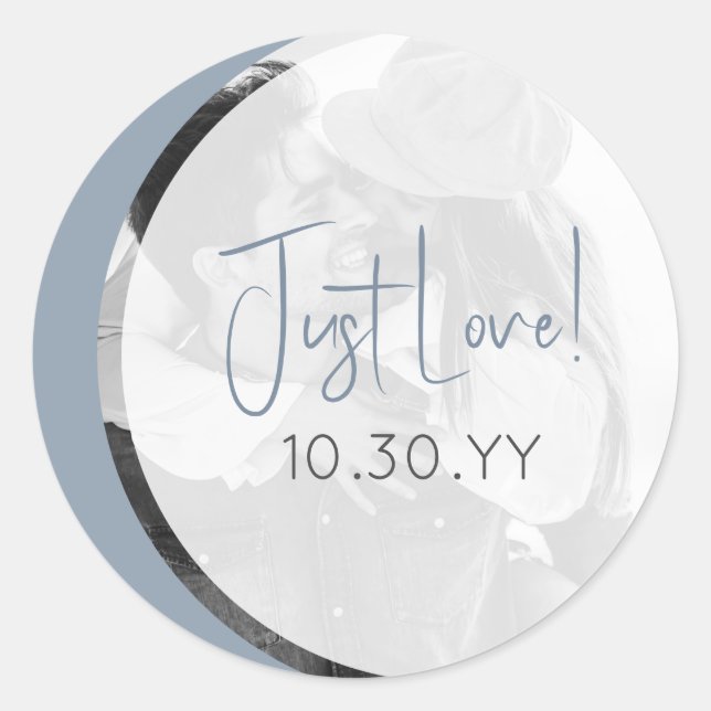 Modern Dusty Blue Casual Just Love Wedding Classic Round Sticker (Front)