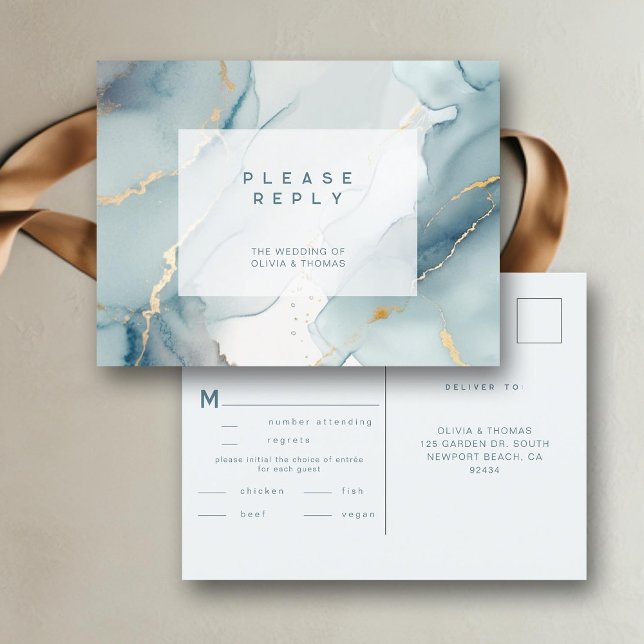 Modern Dusty Blue Chic Beach Wedding Meal RSVP Invitation Postcard (dusty blue wedding rsvp meal card beach summer elegant bohemian modern romantic gold chic)