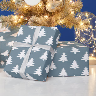 Modern Dusty Blue Christmas Tree Pattern Holiday Wrapping Paper