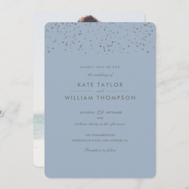 Modern Dusty Blue Confetti Photo Wedding Invitation (Front/Back)