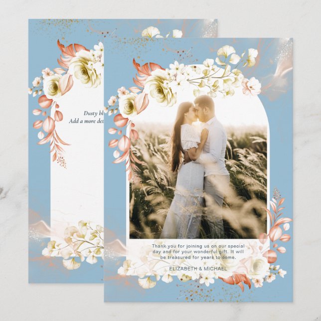 Modern Dusty Blue Coral Floral PHOTO THANK YOU (Front/Back)