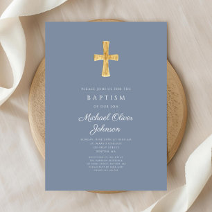 Modern Dusty Blue Cross Boy Baptism Invitation
