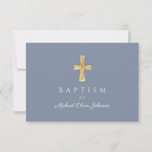 Modern Dusty Blue Cross Boy Baptism RSVP Card
