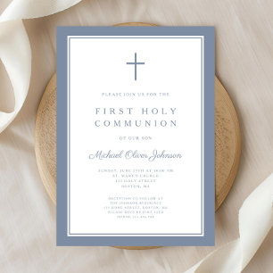 Modern Dusty Blue Cross Boy First Communion Invitation