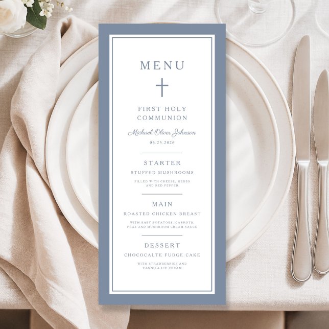 Modern Dusty Blue Cross Boy First Communion Menu (Modern Dusty Blue Cross Boy First Communion Menu)