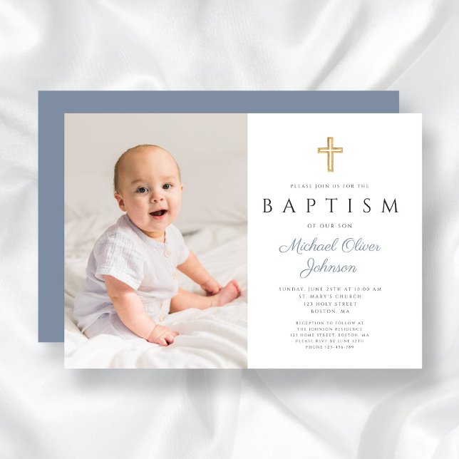 Modern Dusty Blue Cross Boy Photo Baptism Invitation (Modern Dusty Blue Cross Boy Photo Baptism Invitation)