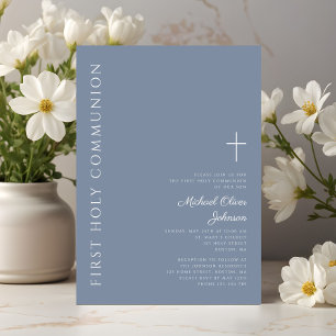Modern Dusty Blue Cross First Holy Communion Invitation