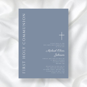 Modern Dusty Blue Cross First Holy Communion Invitation