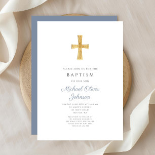 Modern Dusty Blue Cross Religious Boy Baptism Invitation
