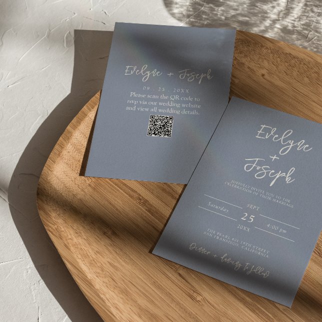 Modern Dusty Blue Elegant Boho QR Code Wedding Invitation (Creator Uploaded)
