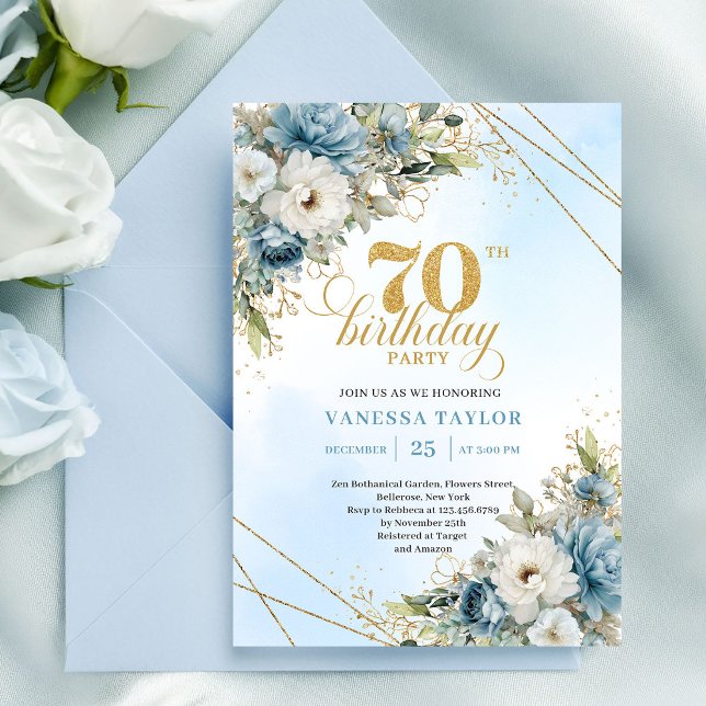 Modern dusty blue eucalyptus gold 70th birthday   invitation (Modern dusty blue eucalyptus gold 70th birthday invite

)