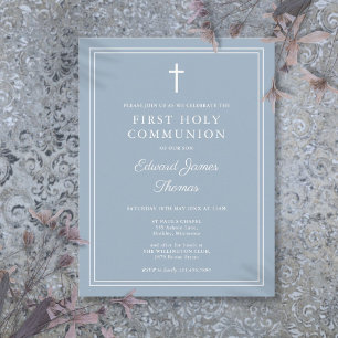 Modern Dusty Blue  First Holy Communion Invitation Postcard