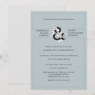 Modern Dusty Blue Floral Ampersand Wedding Invitation