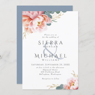 Modern Dusty Blue Floral Blush Pink Peach Wedding Invitation