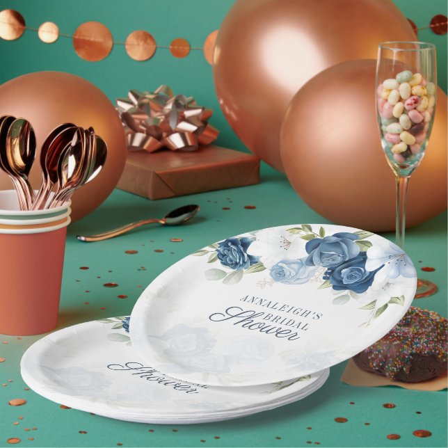 Modern Dusty Blue Floral Botanical Bridal Shower Paper Plate (Multi)