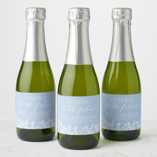 Modern Dusty Blue Floral Future Mrs. Bridal Shower Sparkling Wine Label (Bottles)