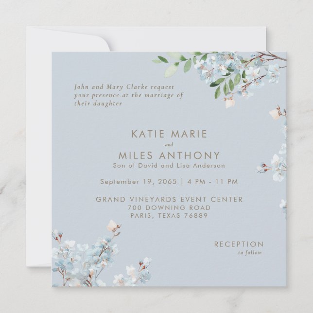 Modern Dusty Blue Floral Greenery Wedding  (Front)