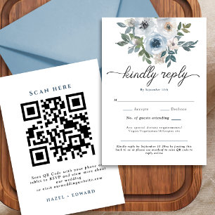 Modern Dusty Blue Floral QR Code Wedding RSVP Card