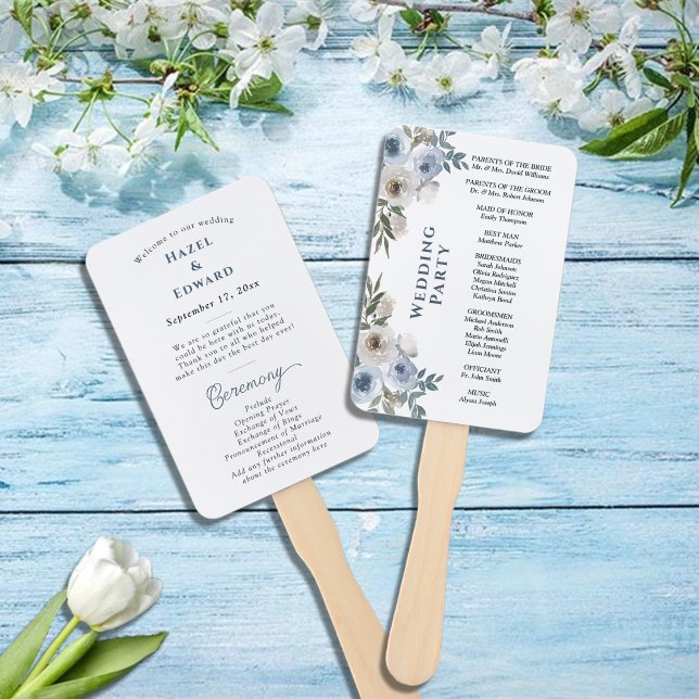 Modern Dusty Blue Floral Wedding Program Hand Fan (Modern Dusty Blue Floral Wedding Program Hand Fan)