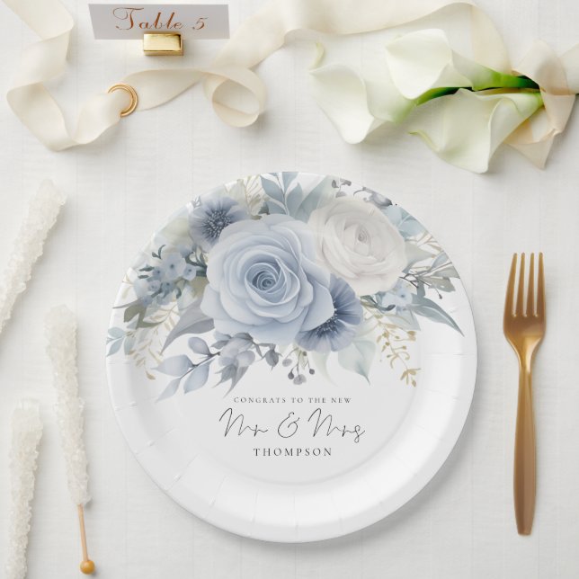 Modern Dusty Blue Florals Congrats Mr Mrs Wedding  Paper Plate (Wedding)