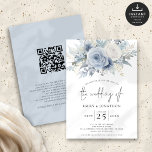 Modern Dusty Blue Florals QR Code Wedding Invitation<br><div class="desc">Modern Dusty Blue Florals QR Code Wedding. Available dgitally and printed. Beautiful summery coloured flowers in light blue and white decorate the top edge. Add your QR code to your wedding website on the back so your guests can RSVP and see all the details online without the need for separate...</div>