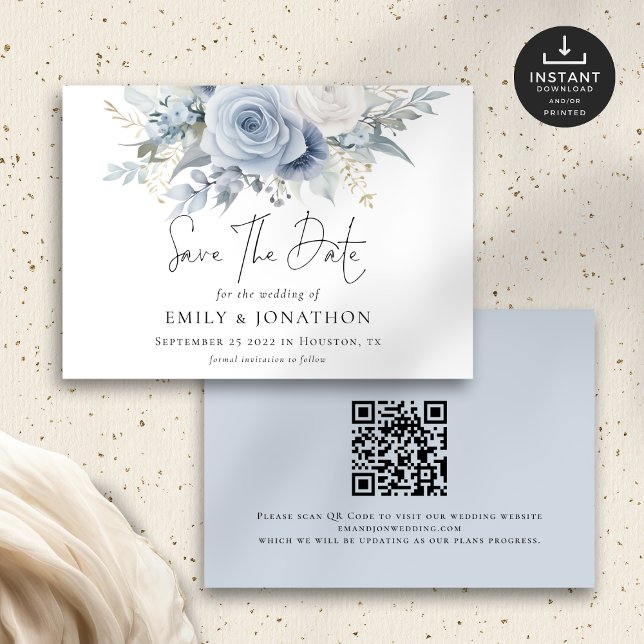 Modern Dusty Blue Florals QR Code Wedding Save The Date (Front and back view)