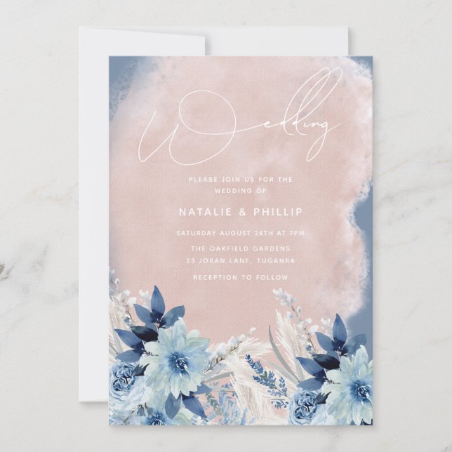 Modern Dusty Blue Flowers Blush Wedding Invitation (Front)