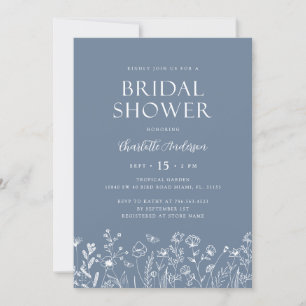 Modern Dusty Blue Flowers Bridal Shower  Invitation