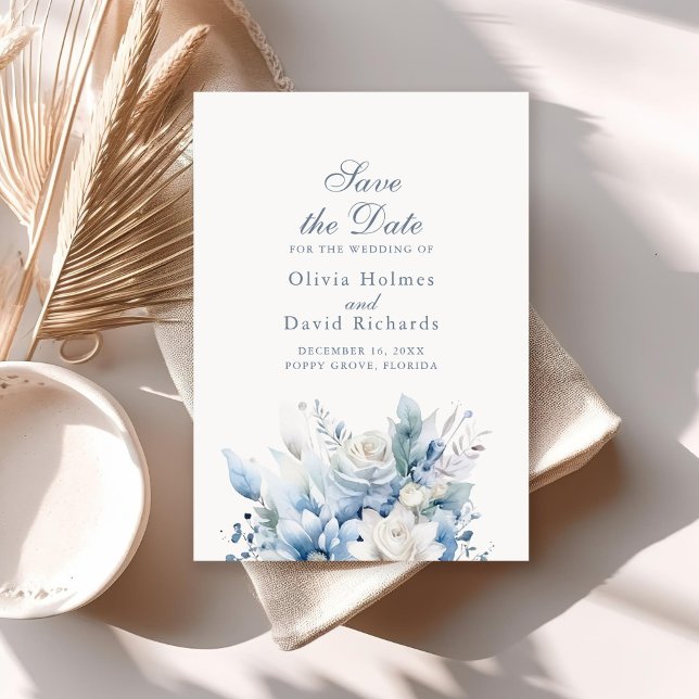 Modern Dusty Blue Flowers Save the Date Card (Modern Dusty Blue Flowers Save the Date Card on a sunny neutral boho table.)